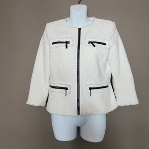MICHAEL KORS White Tweed Lined Crop Moto Jacket Blk Zipper
